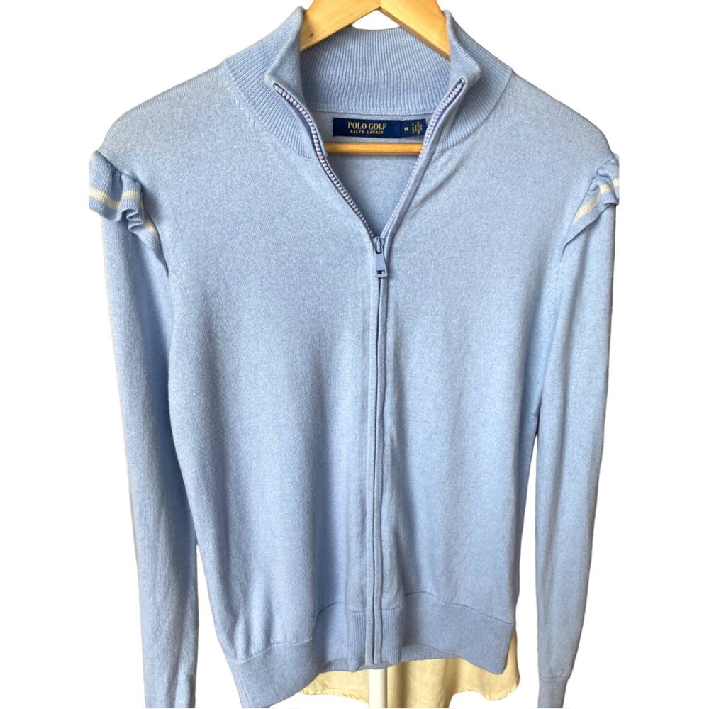 POLO GOLF RALPH LAUREN baby blue women's zip up wool sweater sz M ruffle detail